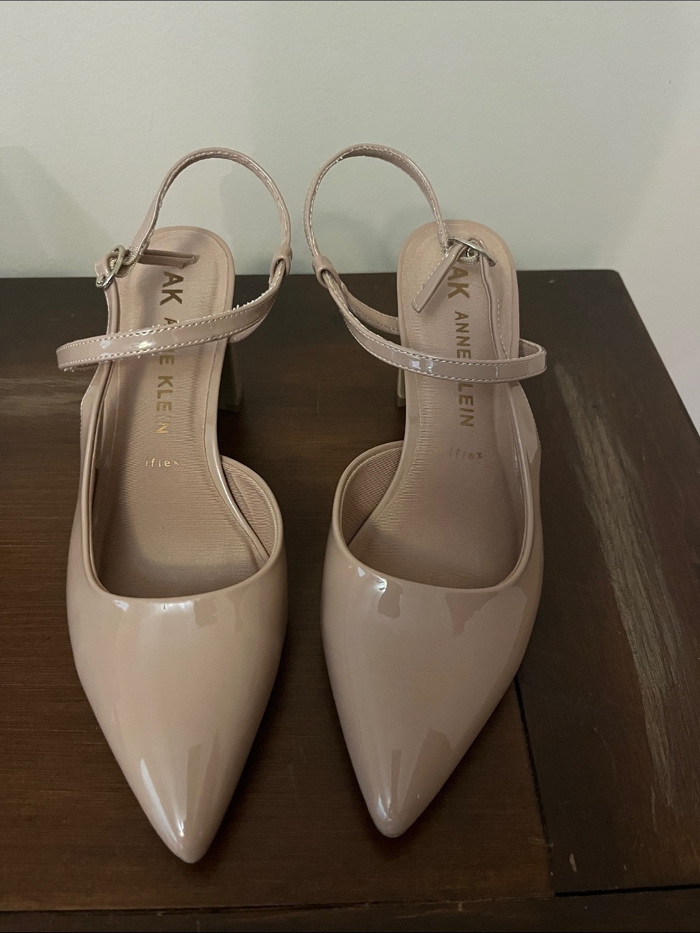 Like new  Anne Klein Bliss Taupe Patent Pointed block heel sling back shoes.